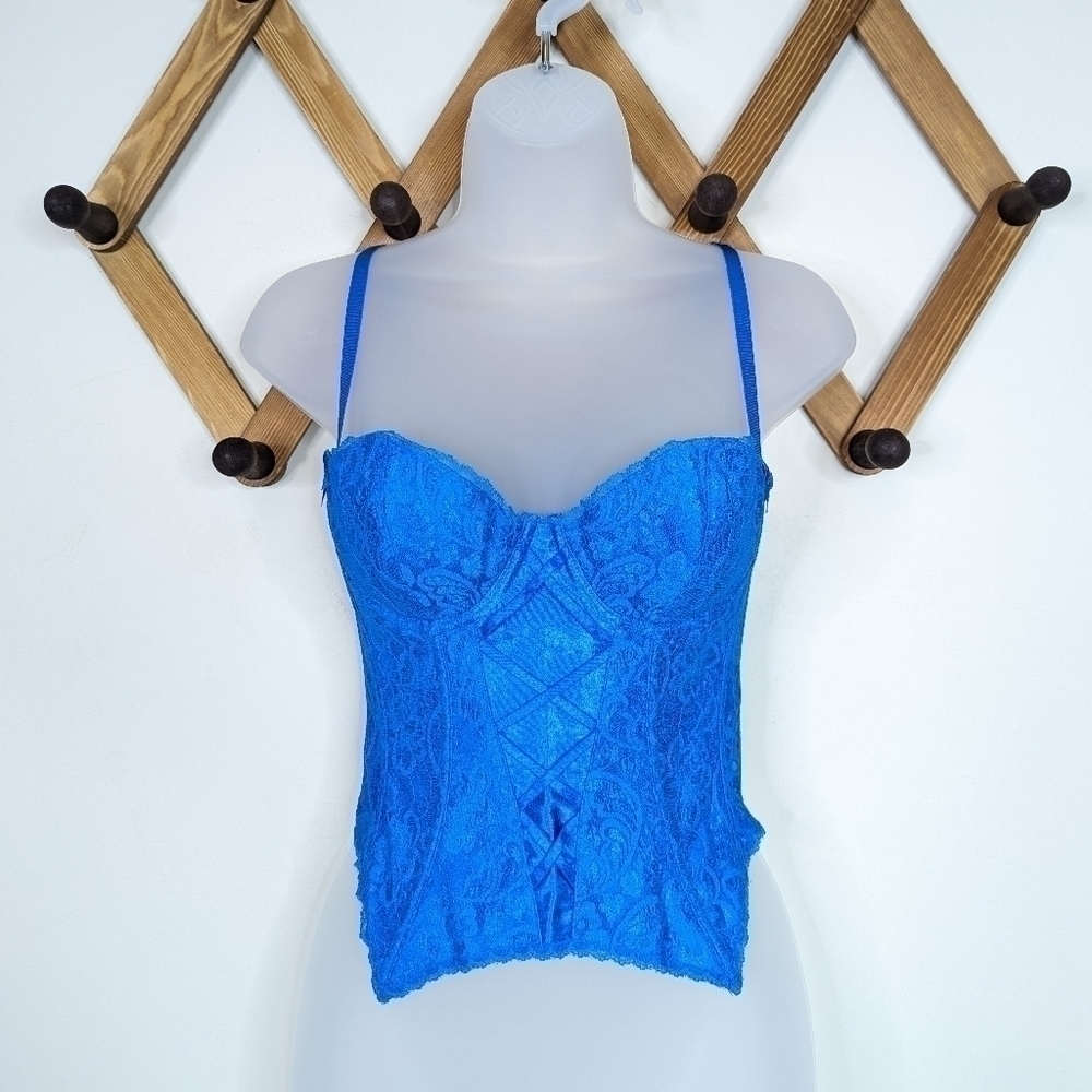 Frederick's of Hollywood Blue Satin Floral Lace Bustier Corset Top - 32 (XS)